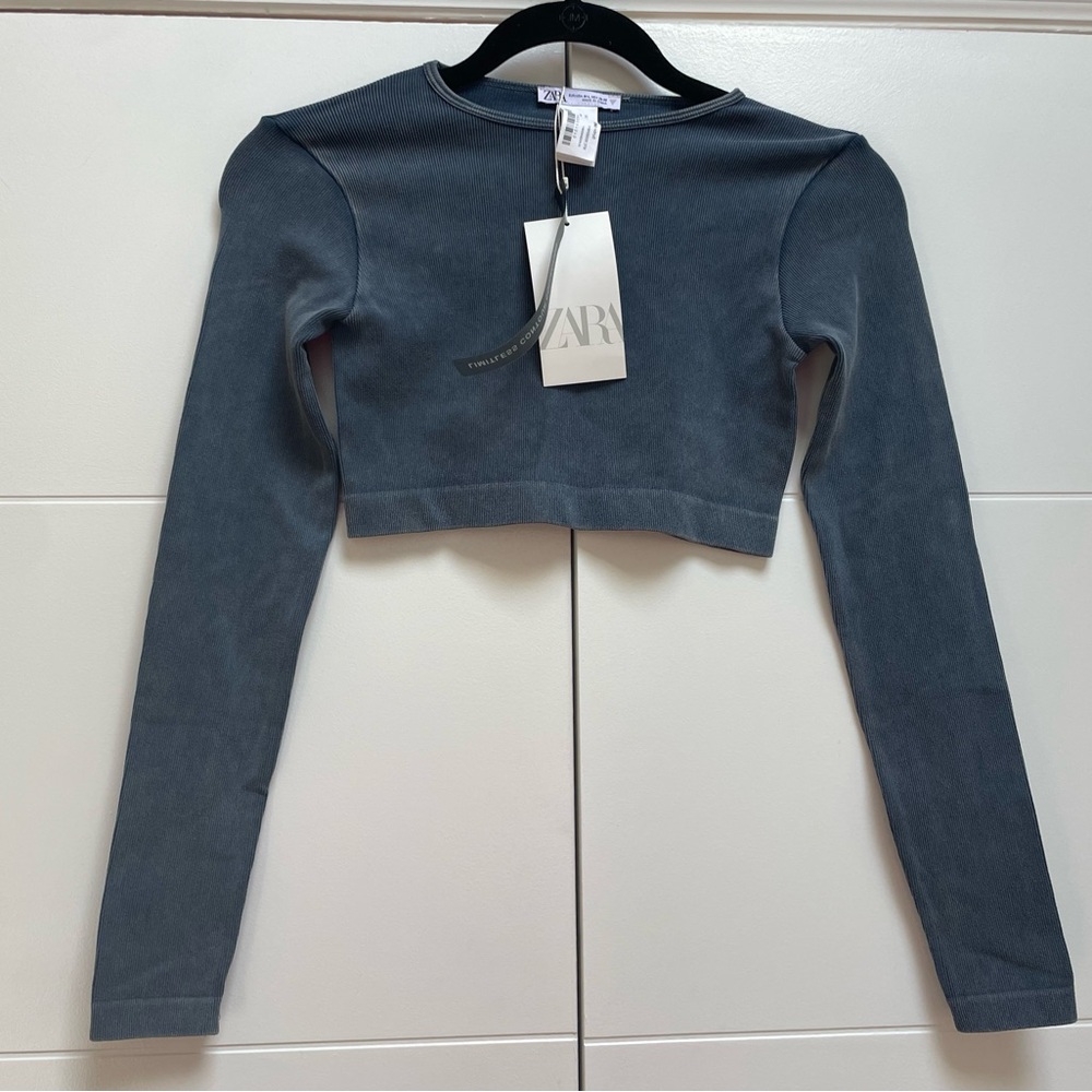 ZARA Limitless Contour Ribbed Long Sleeve Crop Top NEW Blue Women’s Sz M/L hip